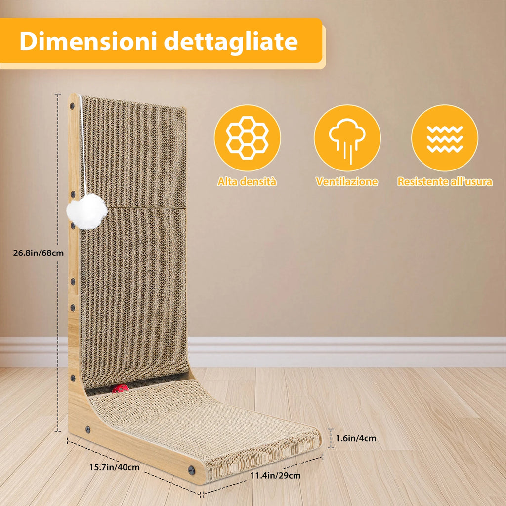 L-Shaped Cat Scratching Post with Bell Toy