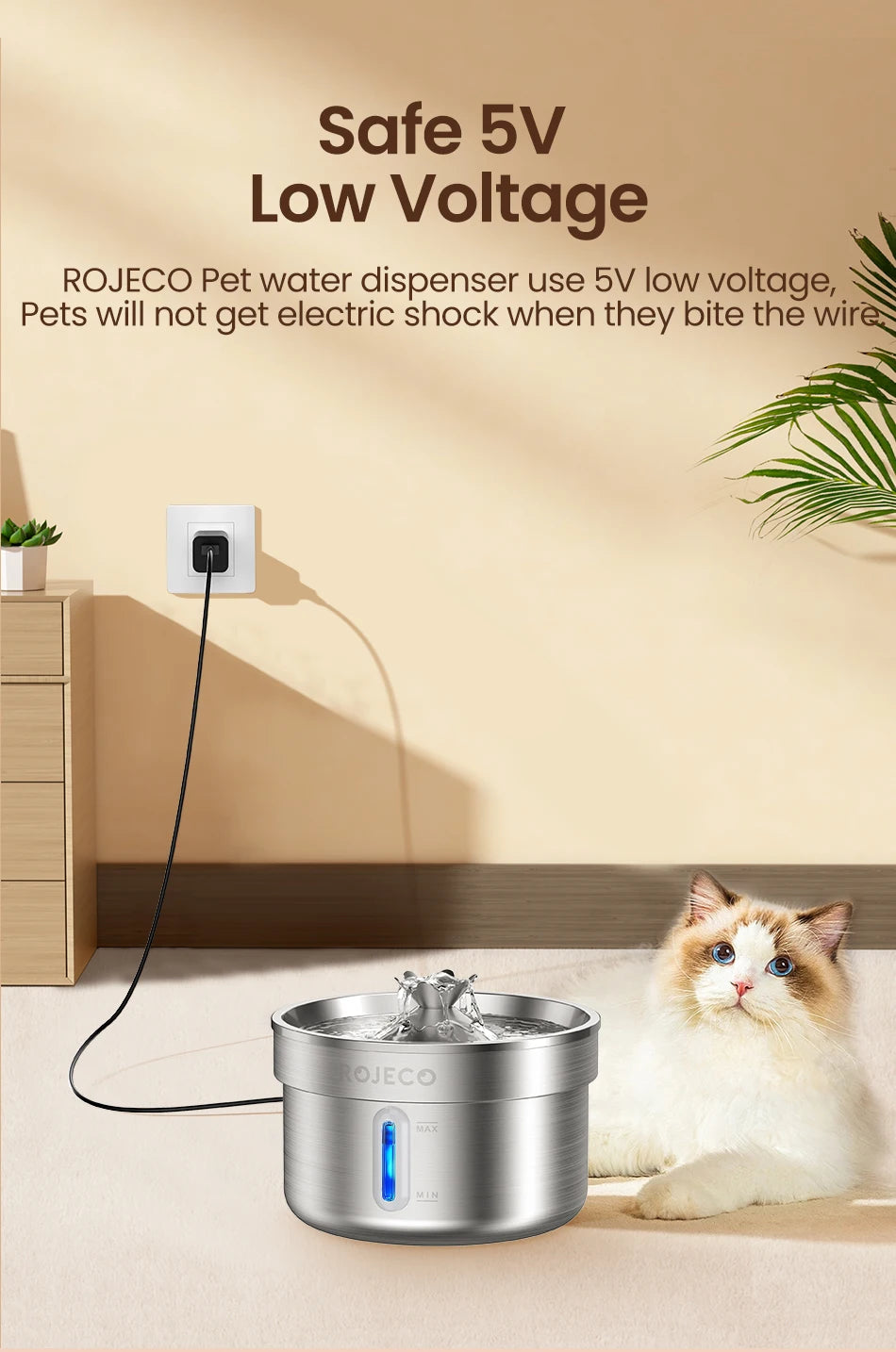 ROJECO Smart Pet Water Fountain – Stainless
