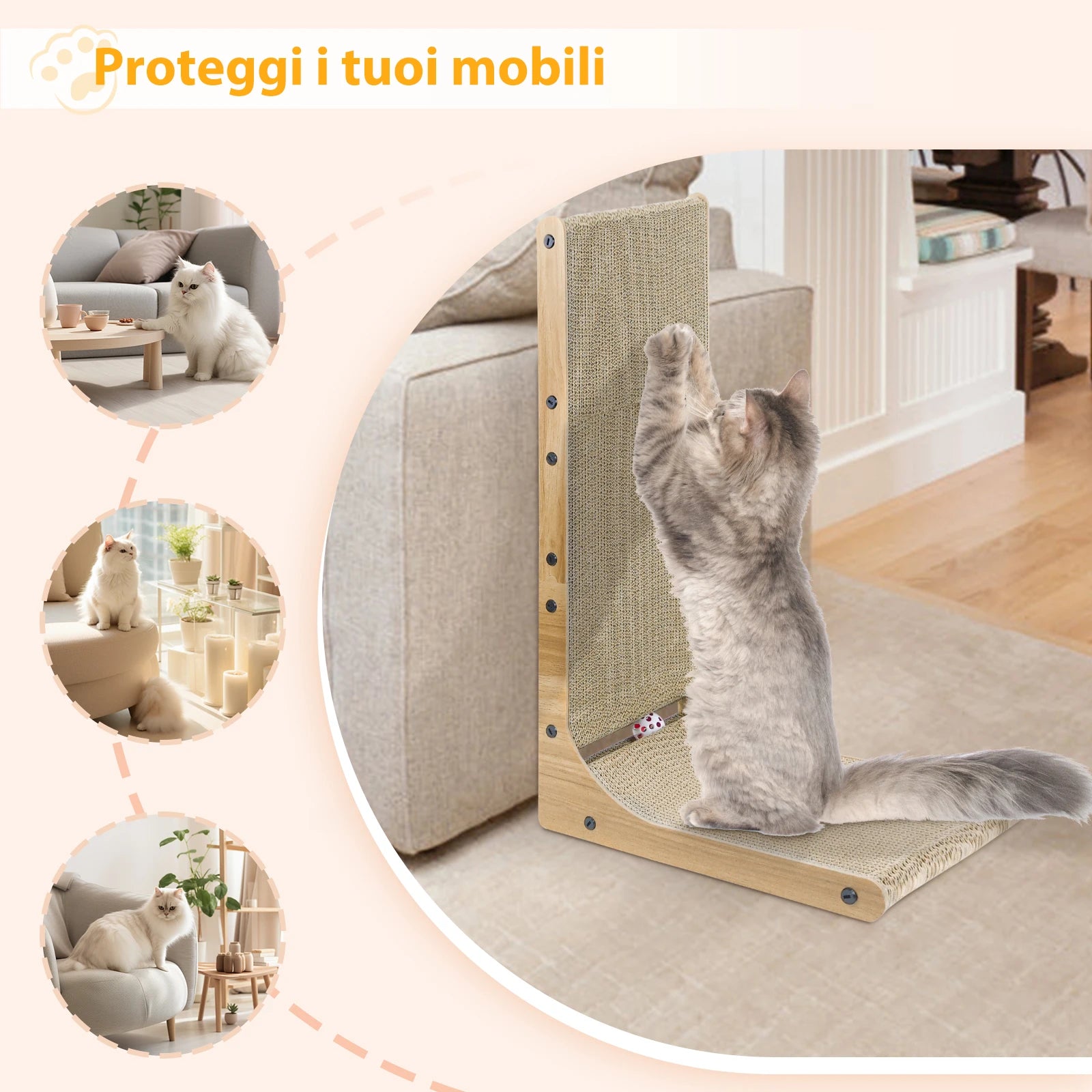 L-Shaped Cat Scratching Post with Bell Toy