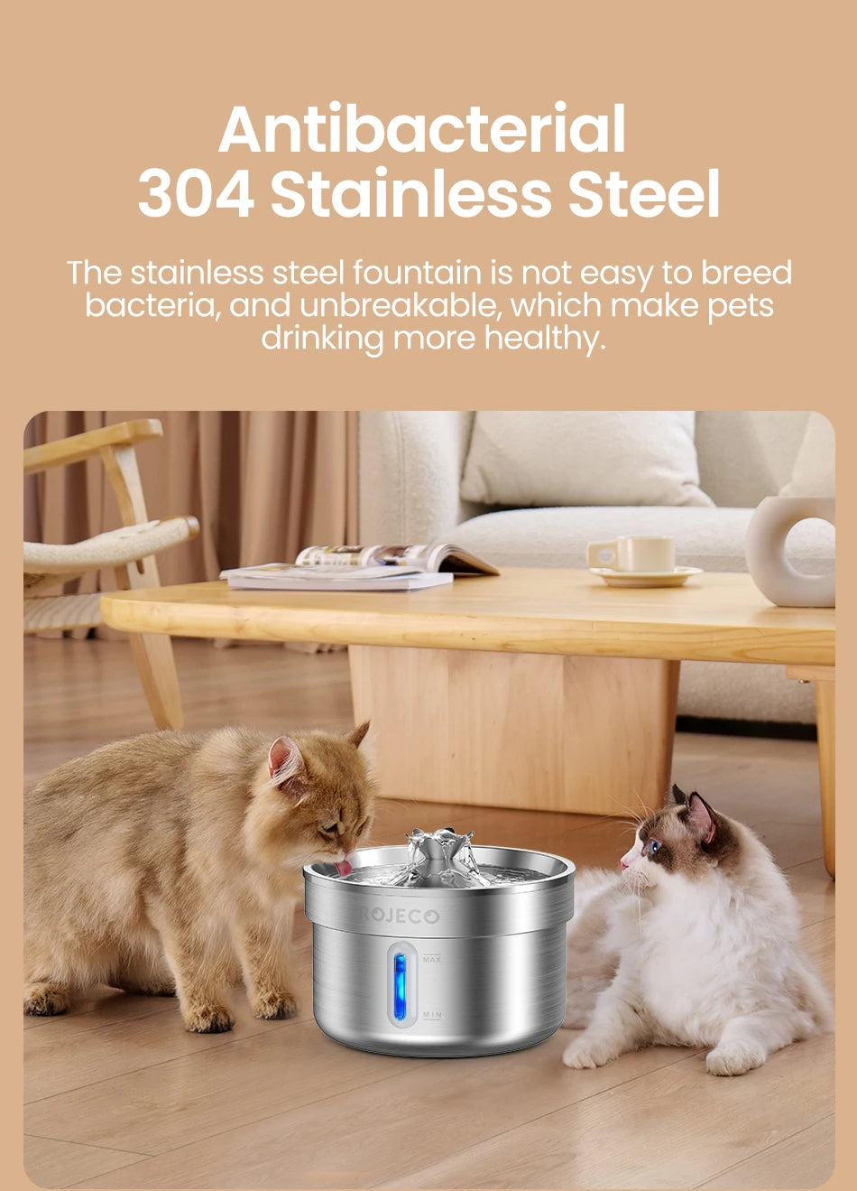 ROJECO Smart Pet Water Fountain – Stainless
