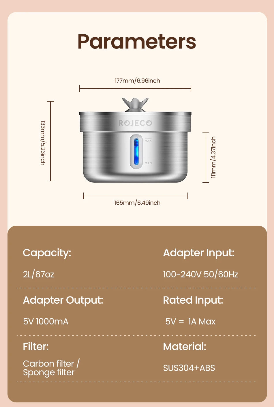 ROJECO Smart Pet Water Fountain – Stainless