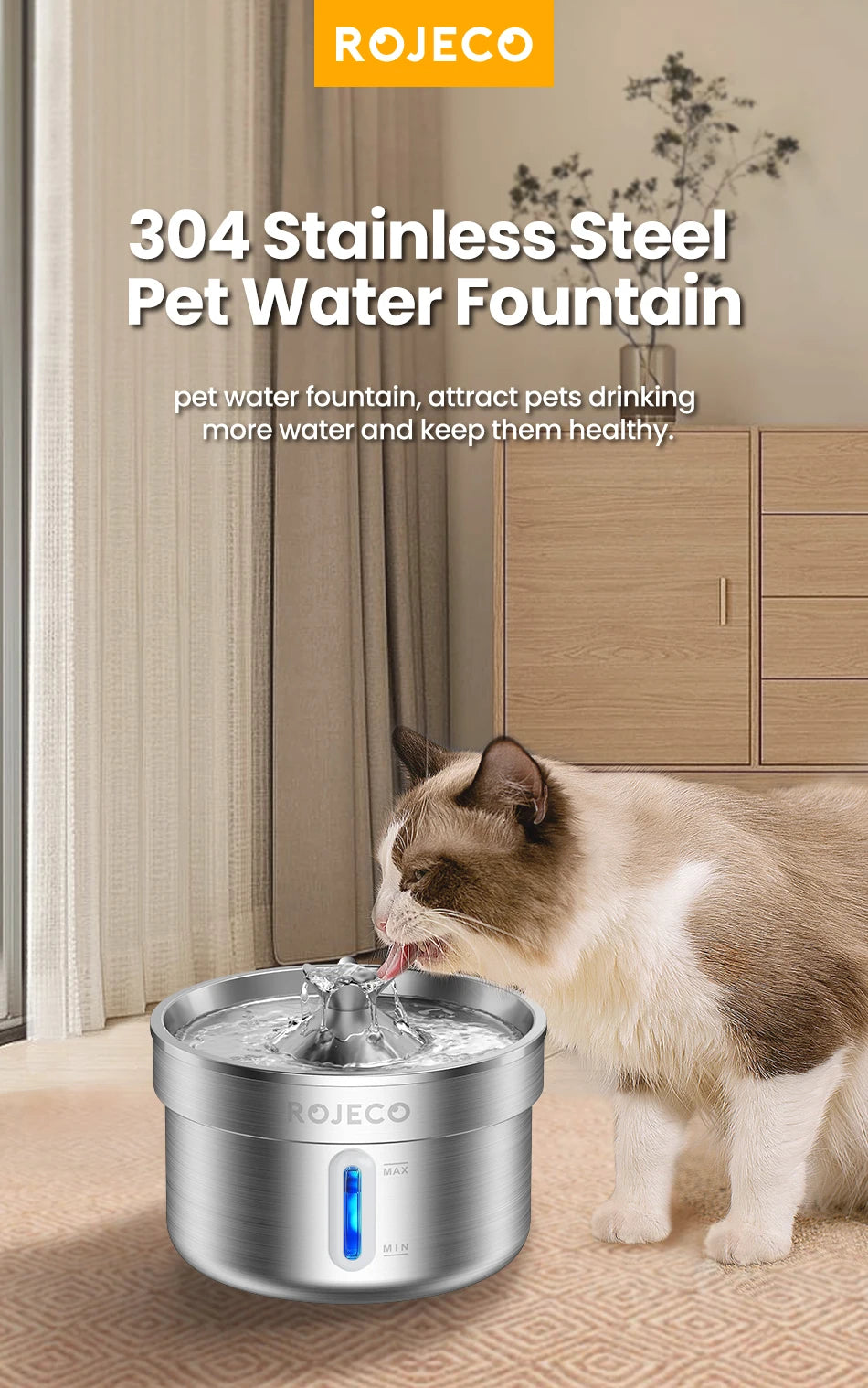 ROJECO Smart Pet Water Fountain – Stainless