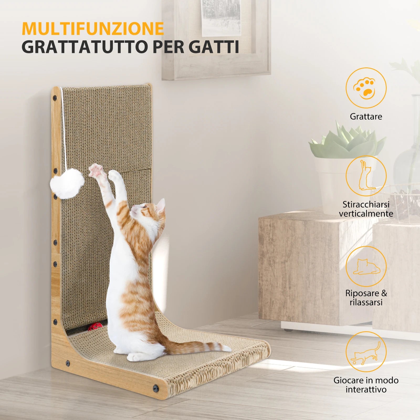 L-Shaped Cat Scratching Post with Bell Toy