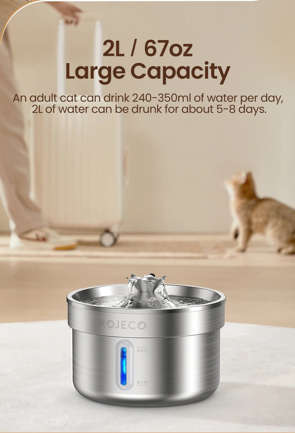 ROJECO Smart Pet Water Fountain – Stainless